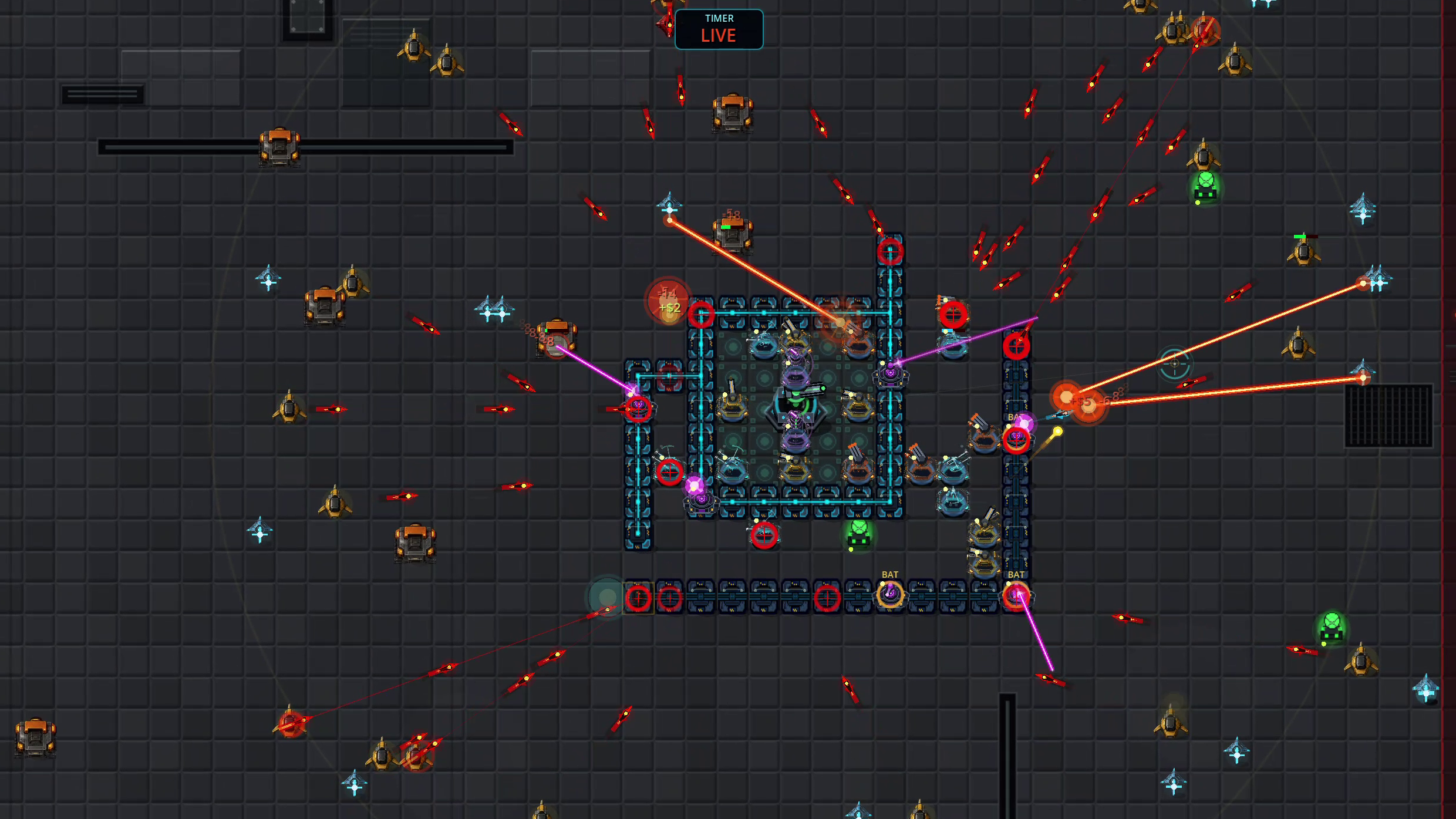 Bastion Grid gameplay with defensive weapons firing at incoming enemies